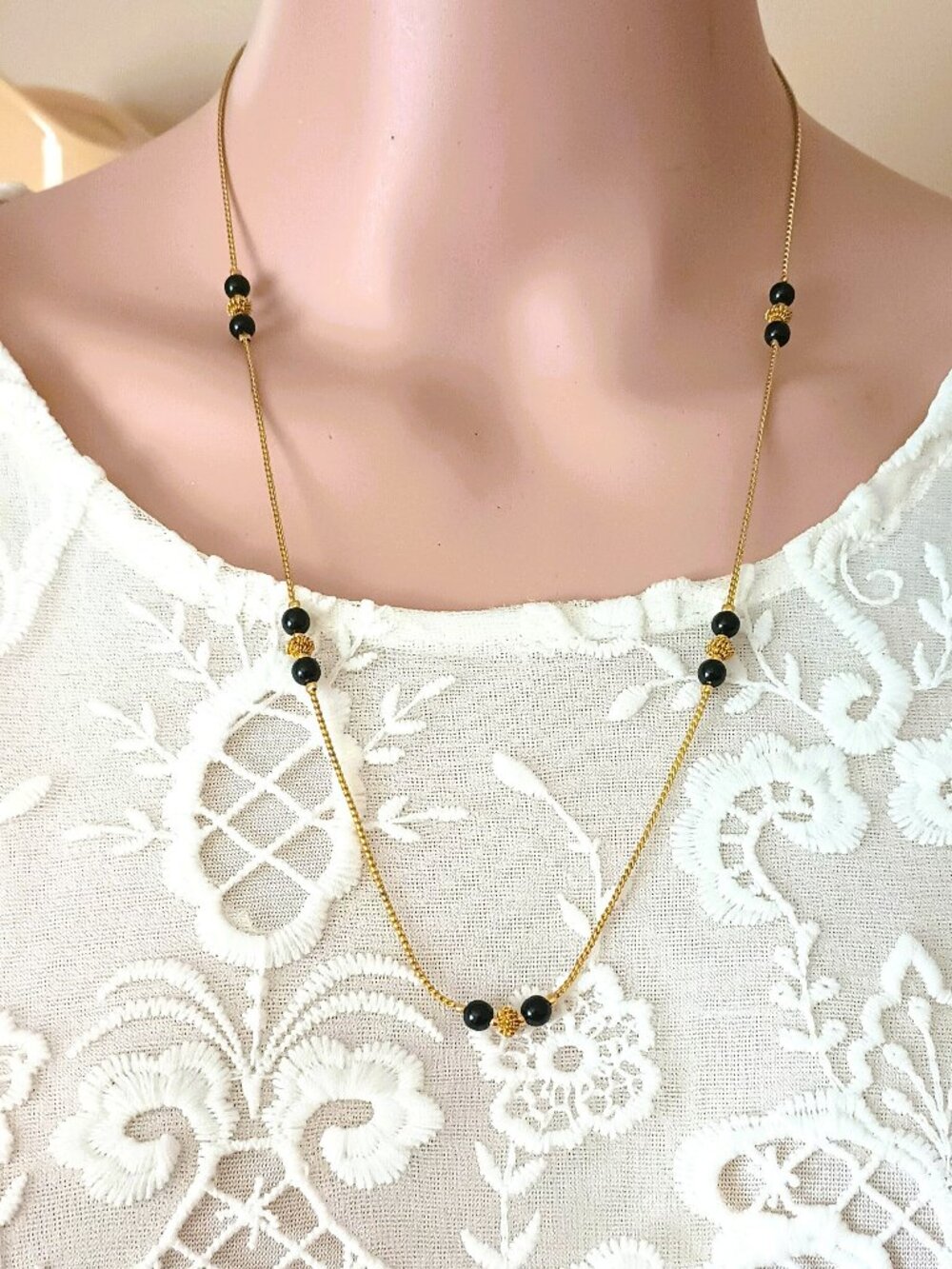 Black & Gold Beaded Station Necklace 22" Retro Textured Women's Jewelry